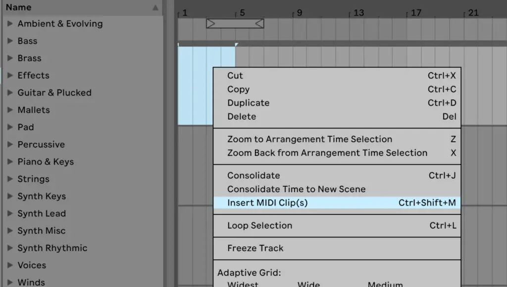 Insert MIDI clip