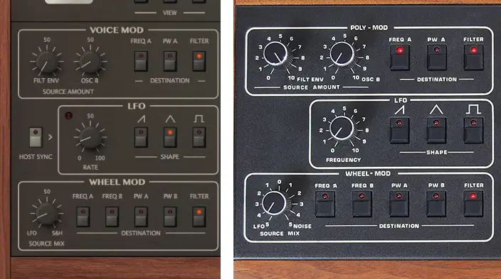 Repro-5's Voice Mod/LFO/Wheel Mod section (Left), Prophet-5 equivalent (Right)